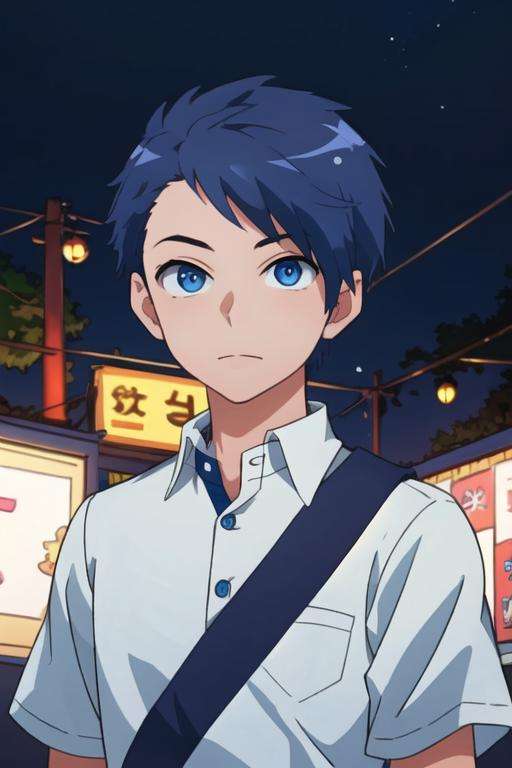 masterpiece, best quality, , 1boy, solo, male focus, looking at viewer, upper body, depth of field, <lora:makoto_oda:0.72>, makoto_oda, blue hair, blue eyes, school uniform,