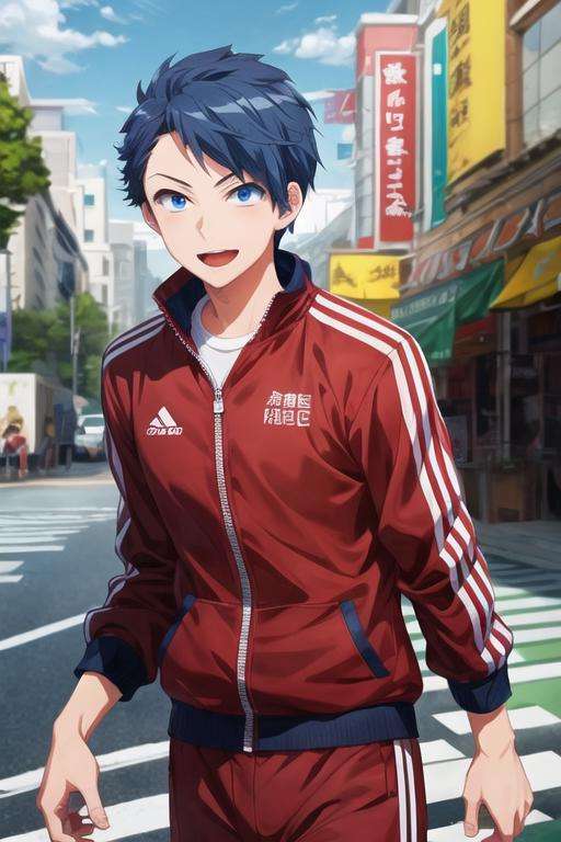 masterpiece, best quality, illustration, 1boy, solo, male focus, looking at viewer, , , <lora:makoto_oda:0.68>, makoto_oda, blue hair, blue eyes, track suit,