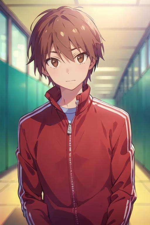 masterpiece, best quality, , 1boy, solo, male focus, looking at viewer, upper body, depth of field, <lora:sorata_kanda:0.72>, sorata_kanda, brown hair, brown eyes, track suit,