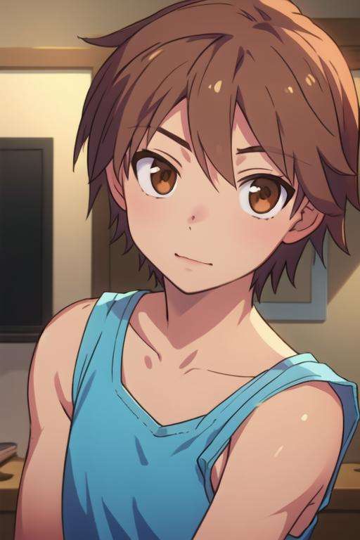 masterpiece, best quality, , 1boy, solo, male focus, looking at viewer, upper body, , <lora:sorata_kanda:0.68>, sorata_kanda, brown hair, brown eyes, tank top,