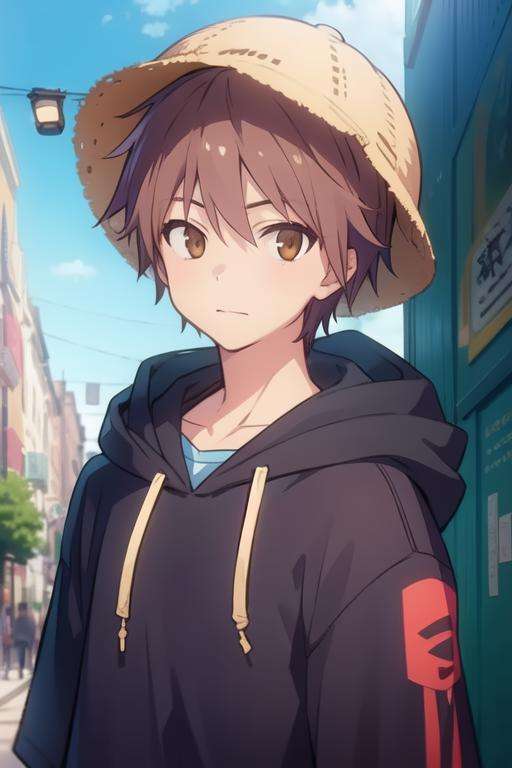 masterpiece, best quality, illustration, 1boy, solo, male focus, looking at viewer, upper body, , <lora:sorata_kanda:0.70>, sorata_kanda, brown hair, brown eyes, hoodie, hat