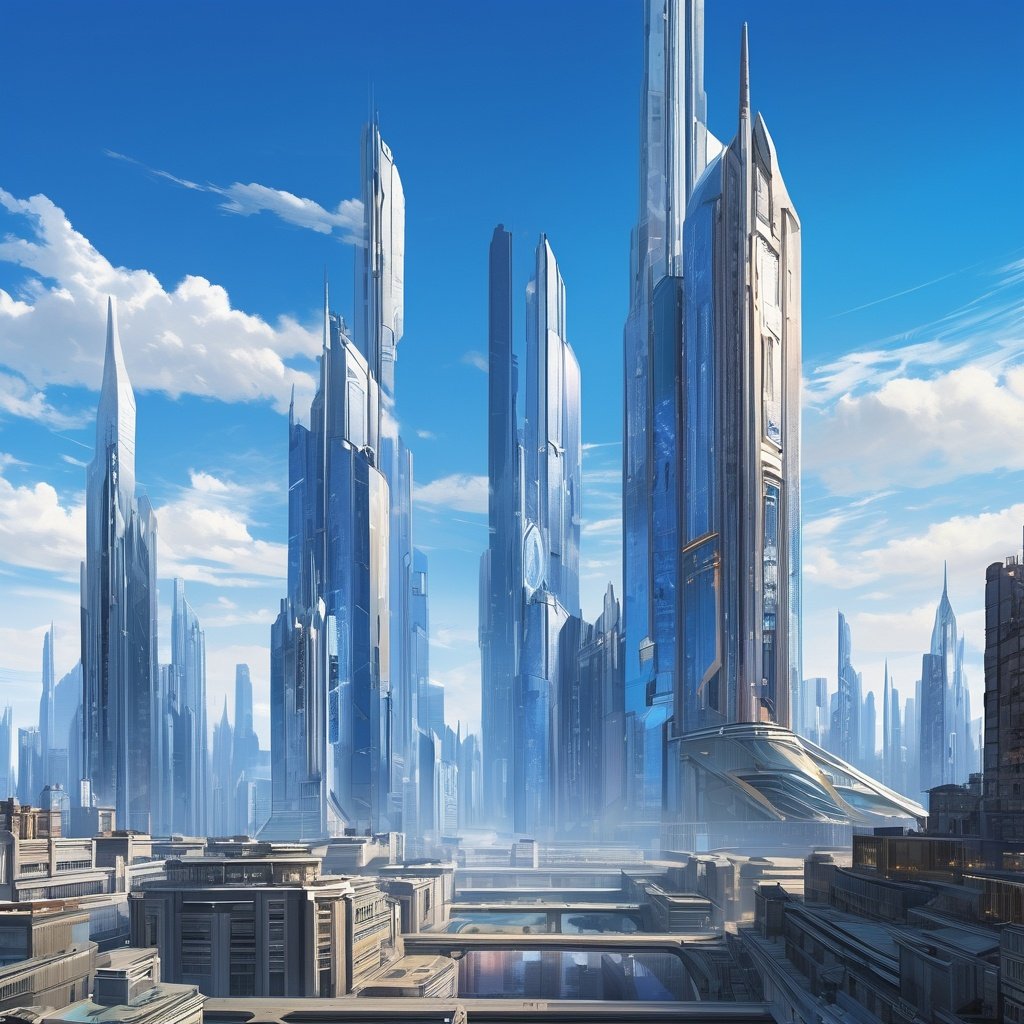 masterpiece,best quality,beautifully painted,highly detailed,ultra high res,scence,buildings,scenery,sky,no humans,outdoors,building,day,blue sky,science fiction,city,cityscape,  <lora:sdxl_sdxl-000058:0.4>