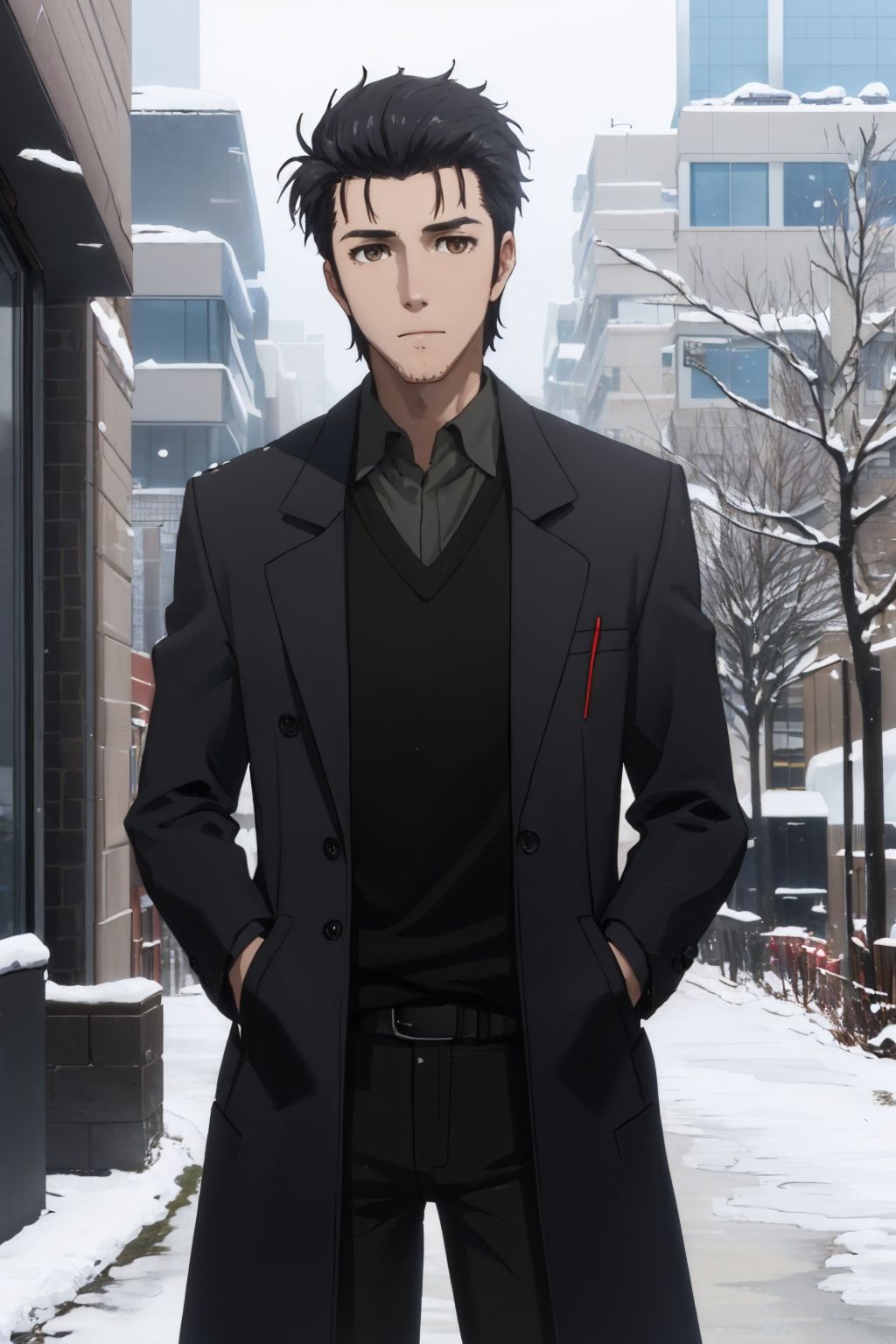 (masterpiece, best quality:1.2), solo, male focus, 1boy, okabe rintaro, expressionless, closed mouth, looking at viewer, hand in pocket, black coat, sweater vest, black pants, outdoors, snowing <lora:steinsgate_okabe:0.8>