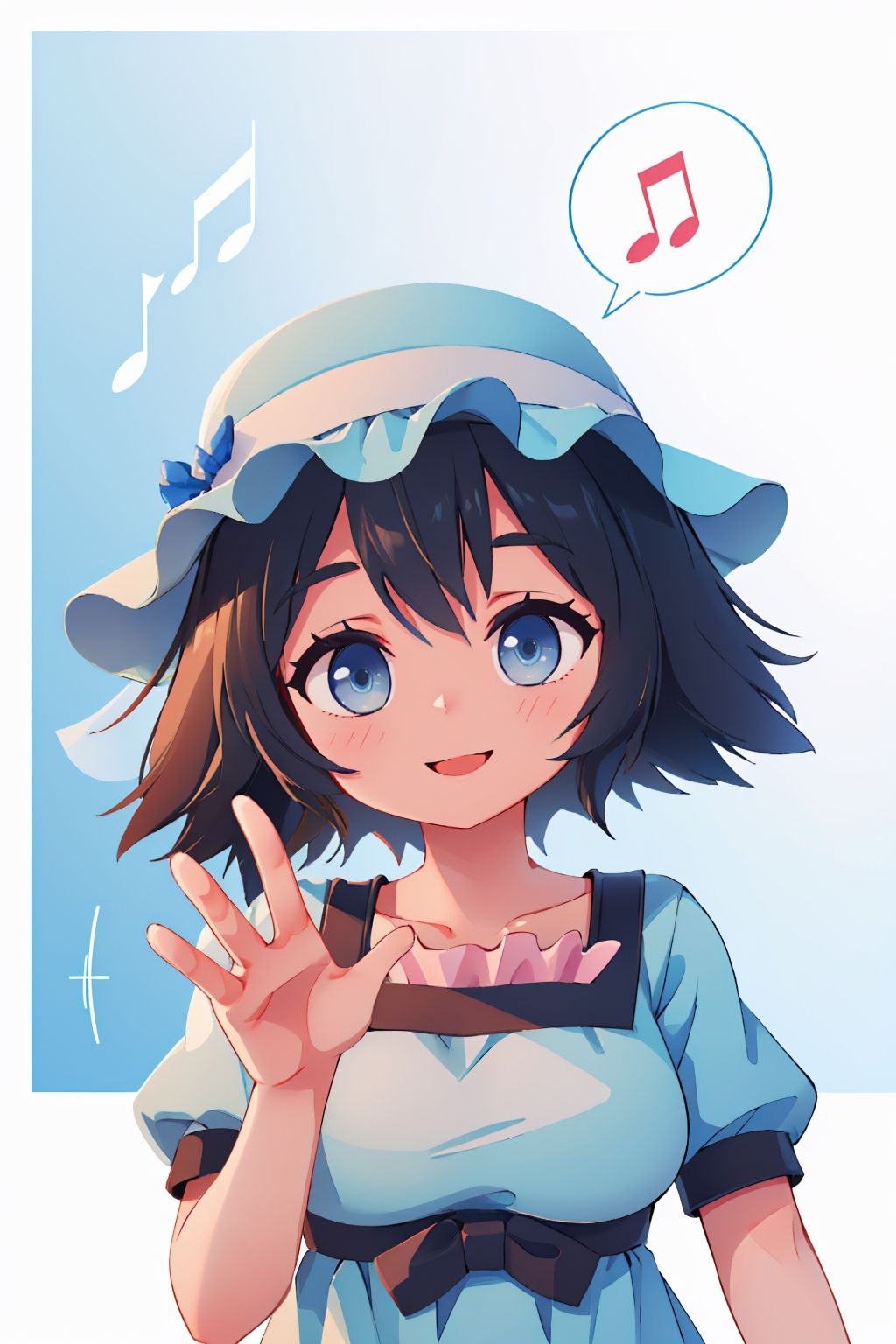 (masterpiece, best quality:1.2), solo, 1girl, shiina mayuri, spoken musical note, smile, looking at viewer, waving, hat, blue dress, short sleeves <lora:steinsgate_shiina:1.0>