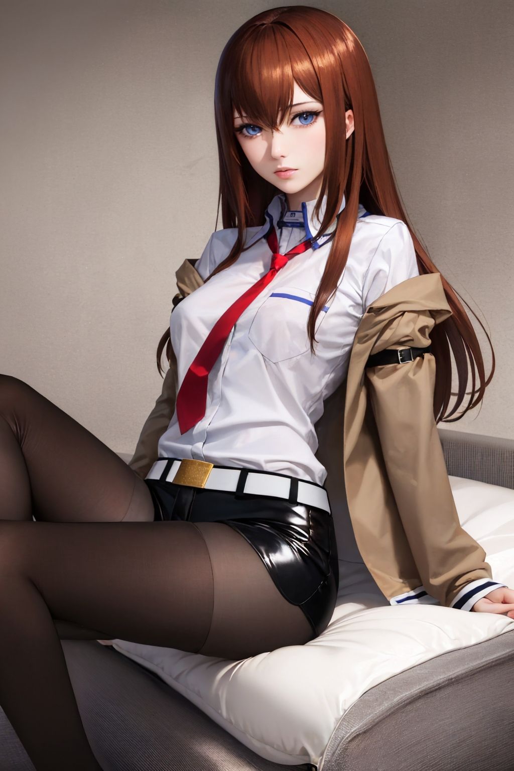 (masterpiece, best quality:1.2), solo, 1girl, makise kurisu, expressionless, looking at viewer, jacket, off shoulder, collared shirt, red necktie, black shorts, pantyhose, legwear under shorts <lora:steinsgate_makise:1.0>