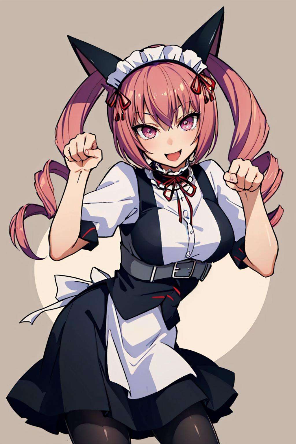 (masterpiece, best quality:1.2), solo, 1girl, faris nyannyan, smile, open mouth, looking at viewer, paw pose, cat ears, maid headdress, maid, pantyhose <lora:steinsgate_nyannyan:1>