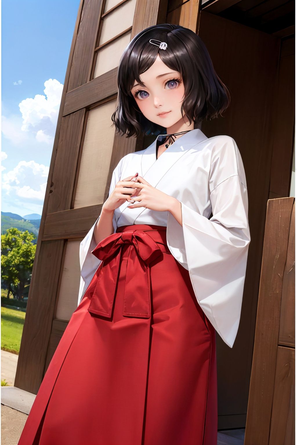 (masterpiece, best quality:1.2), cowboy shot, solo, male focus, 1boy, urushibara ruka, otoko no ko, smile, looking at viewer, hairclip, skull hair ornament, miko, japanese clothes, red hakama skirt <lora:steinsgate_urushibara:1.0>