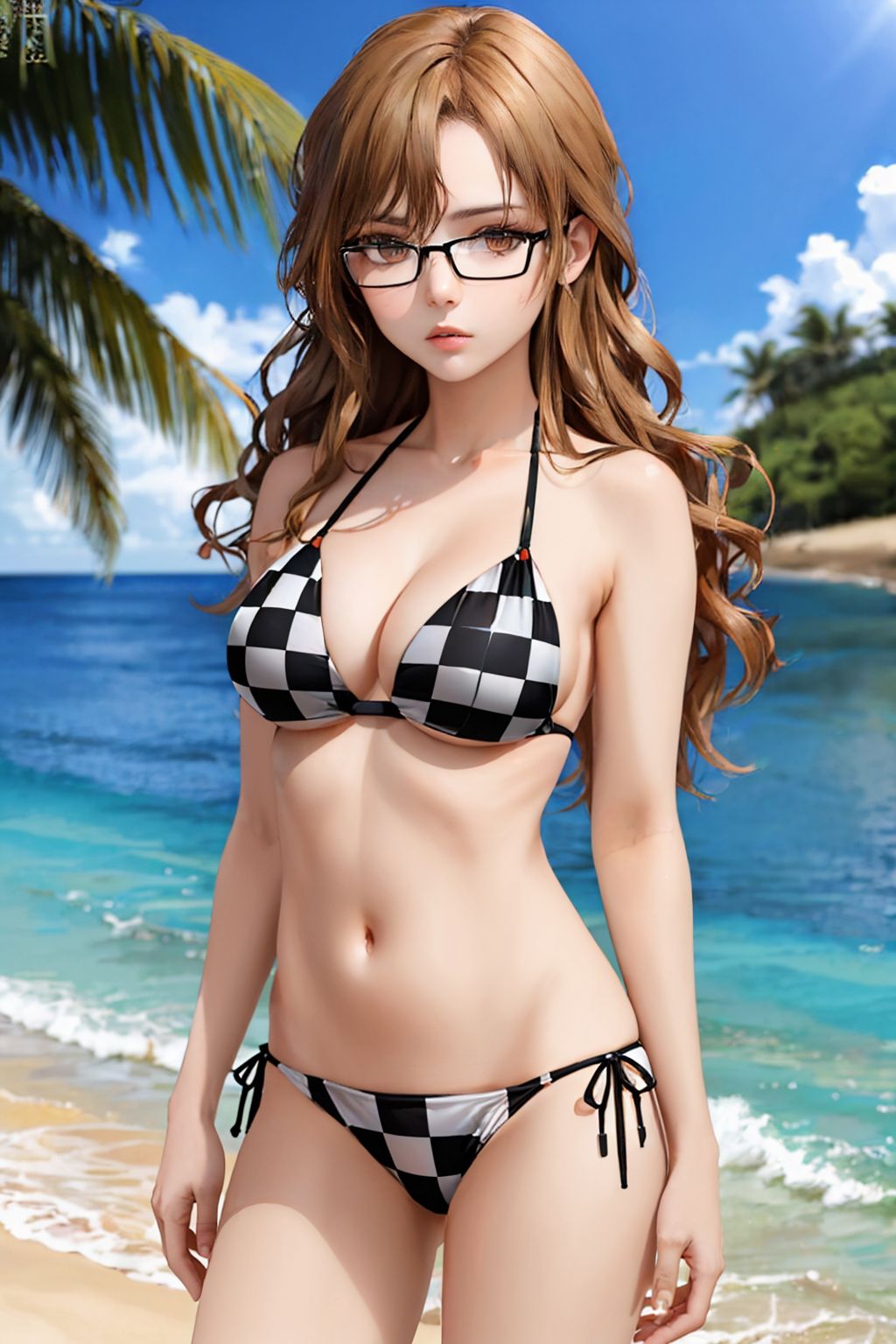 (masterpiece, best quality:1.2), cowboy shot, solo, 1girl, kiryu moeka, expressionless, looking at viewer, holding, cellphone, glasses, checkered clothes, bikini, beach <lora:steinsgate_kiryu:1.0>