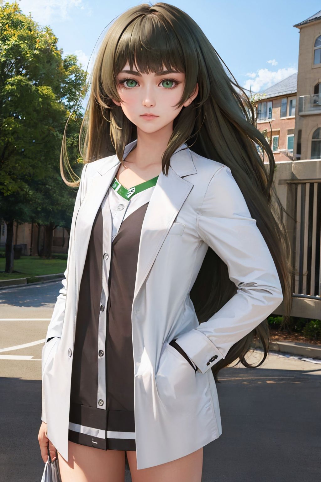 (masterpiece, best quality:1.2), cowboy shot, solo, 1girl, hiyajo maho, serious, closed mouth, looking at viewer, hand in pocket, green hair, labcoat, white shirt <lora:steinsgate_hiyajo:1.0>