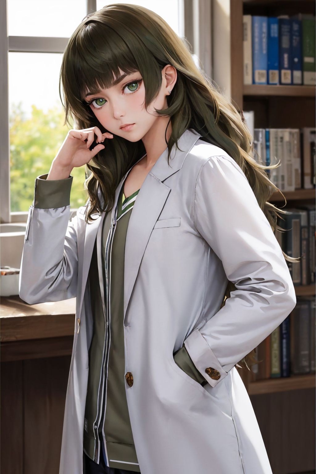 (masterpiece, best quality:1.2), cowboy shot, solo, 1girl, hiyajo maho, serious, closed mouth, looking at viewer, hand in pocket, green hair, labcoat <lora:steinsgate_hiyajo:1.0>