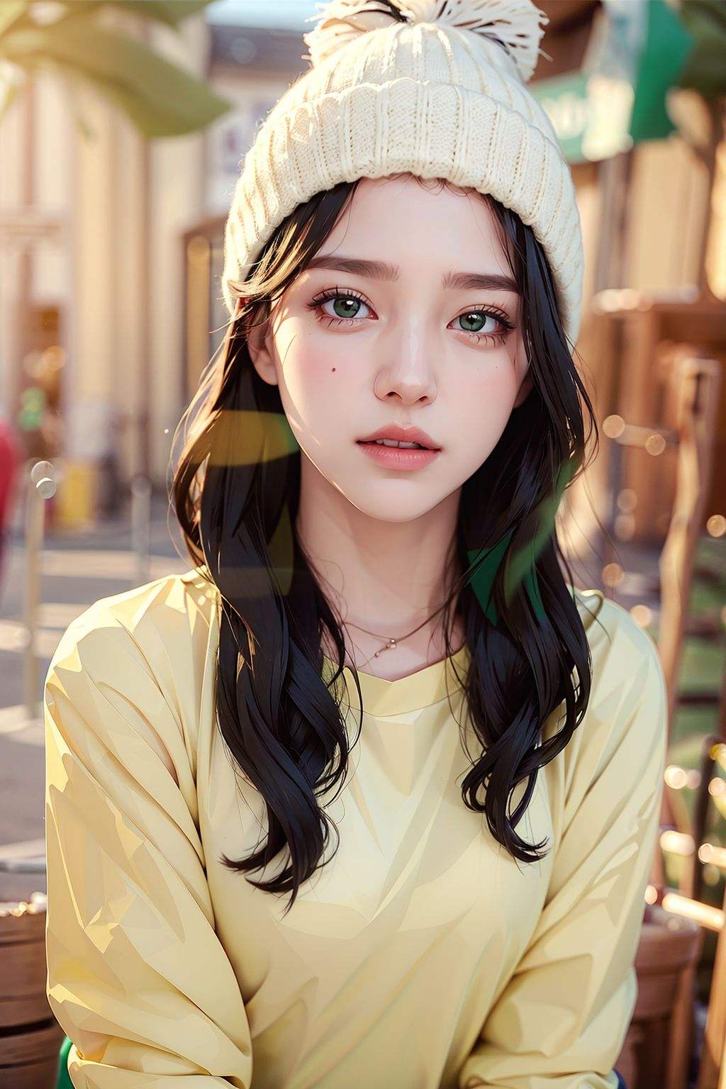 <(photorealistic:1.4), (extremely intricate:1.2)>, pale skin, 1girl, solo, long hair, black hair, clothes writing, brown eyes, looking at viewer, beanie, lips, upper body, simple background, closed mouth, white background, green shirt, studio, BREAK, <(exquisitely detailed skin), cinematic light, ultra high res, 8k uhd, film grain, perfect anatomy, best shadow, delicate, RAW>,