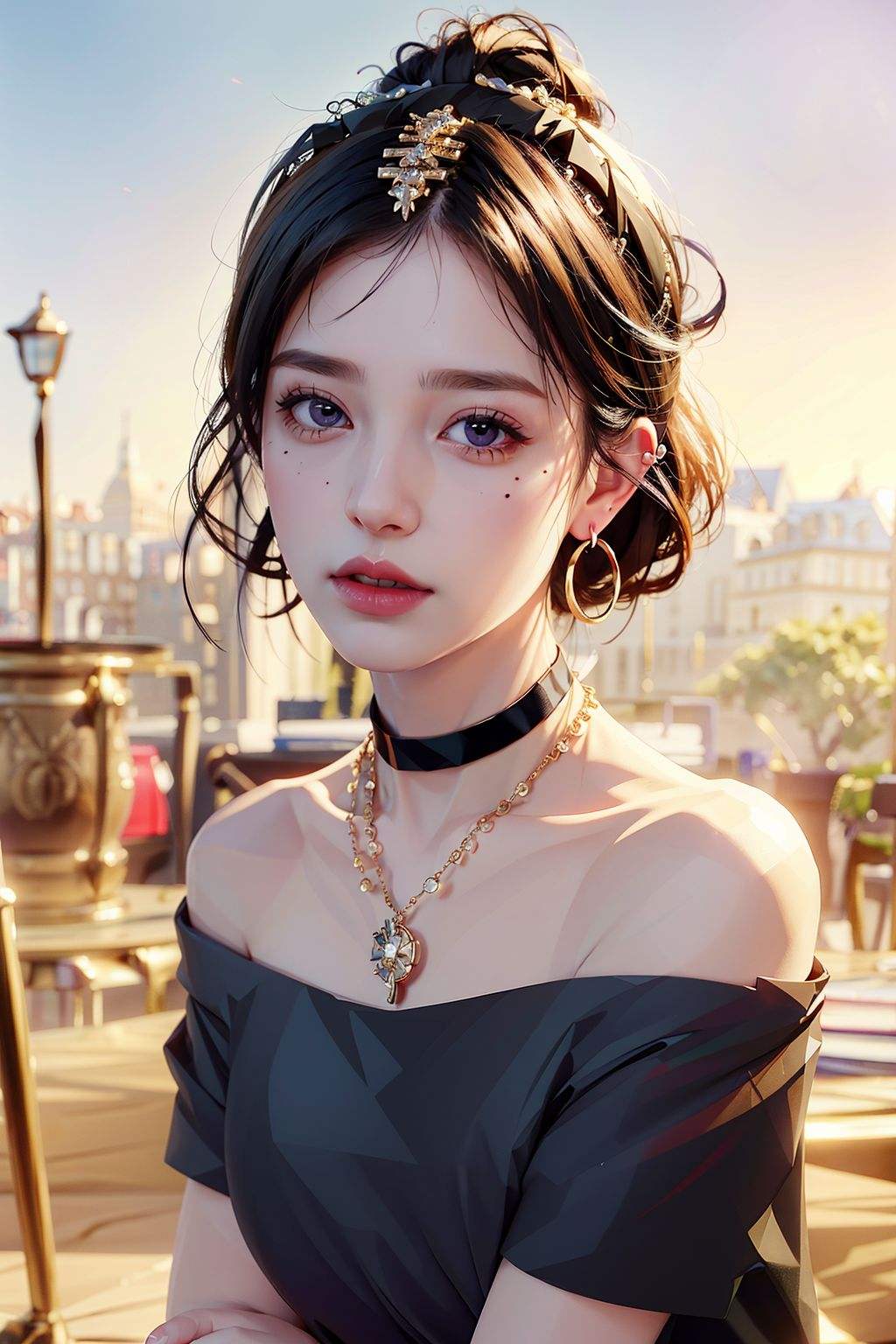 <(photorealistic:1.4), (extremely intricate:1.2)>, pale skin, jewelry, black hair, necklace, black choker, upper body, short hair, single hair bun, mole under eye, bangs, black shirt, off shoulder, sleeveless, hoop earrings, purple eyes, piercing, red lips, closed mouth, eyelashes, studio, grey background, simple background, 1girl, solo, BREAK, <(exquisitely detailed skin), cinematic light, ultra high res, 8k uhd, film grain, perfect anatomy, best shadow, delicate, RAW>,