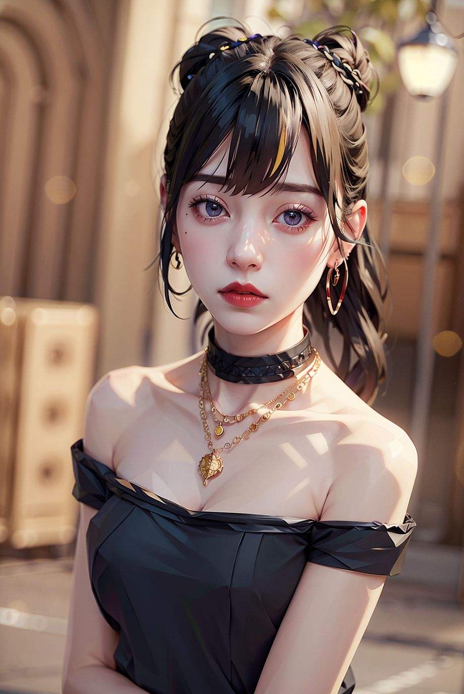 <(photorealistic:1.4), (extremely intricate:1.2)>, pale skin, jewelry, black hair, necklace, black choker, upper body, short hair, single hair bun, mole under eye, bangs, black shirt, off shoulder, sleeveless, hoop earrings, purple eyes, piercing, red lips, closed mouth, eyelashes, studio, grey background, simple background, 1girl, solo, BREAK, <(exquisitely detailed skin), cinematic light, ultra high res, 8k uhd, film grain, perfect anatomy, best shadow, delicate, RAW>,