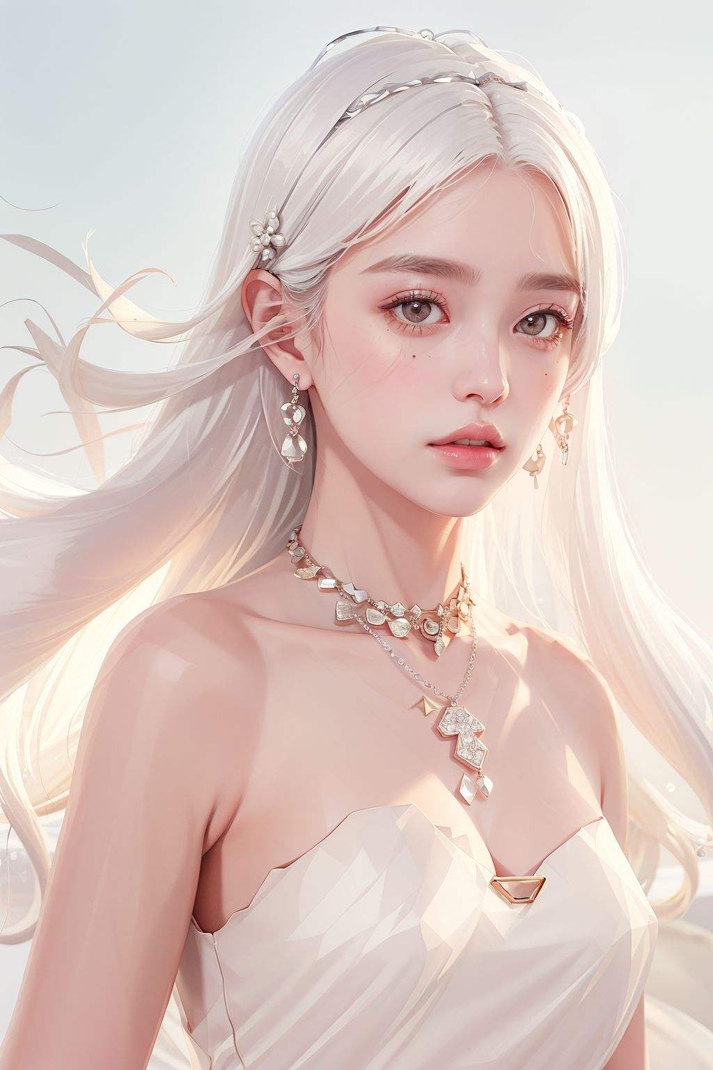 {best quality}, {{masterpiece}}, {highres}, {an extremely delicate and beautiful},1girl，close up，8k,detailed eyes,realistic eyes,detailed shadow， china dress,((white hair)),((white drees)),((silver jewellery)),hair ornament, necklace, jewelry, long hair, earrings, chinese clothes,spot lighting, ,jewelry, 1girl, earrings, necklace, solo, long_hair, dress, upper_body, looking_at_viewer, white_dress, （bangs pinned back）, (beautiful and clear background:1.2), detailed background,