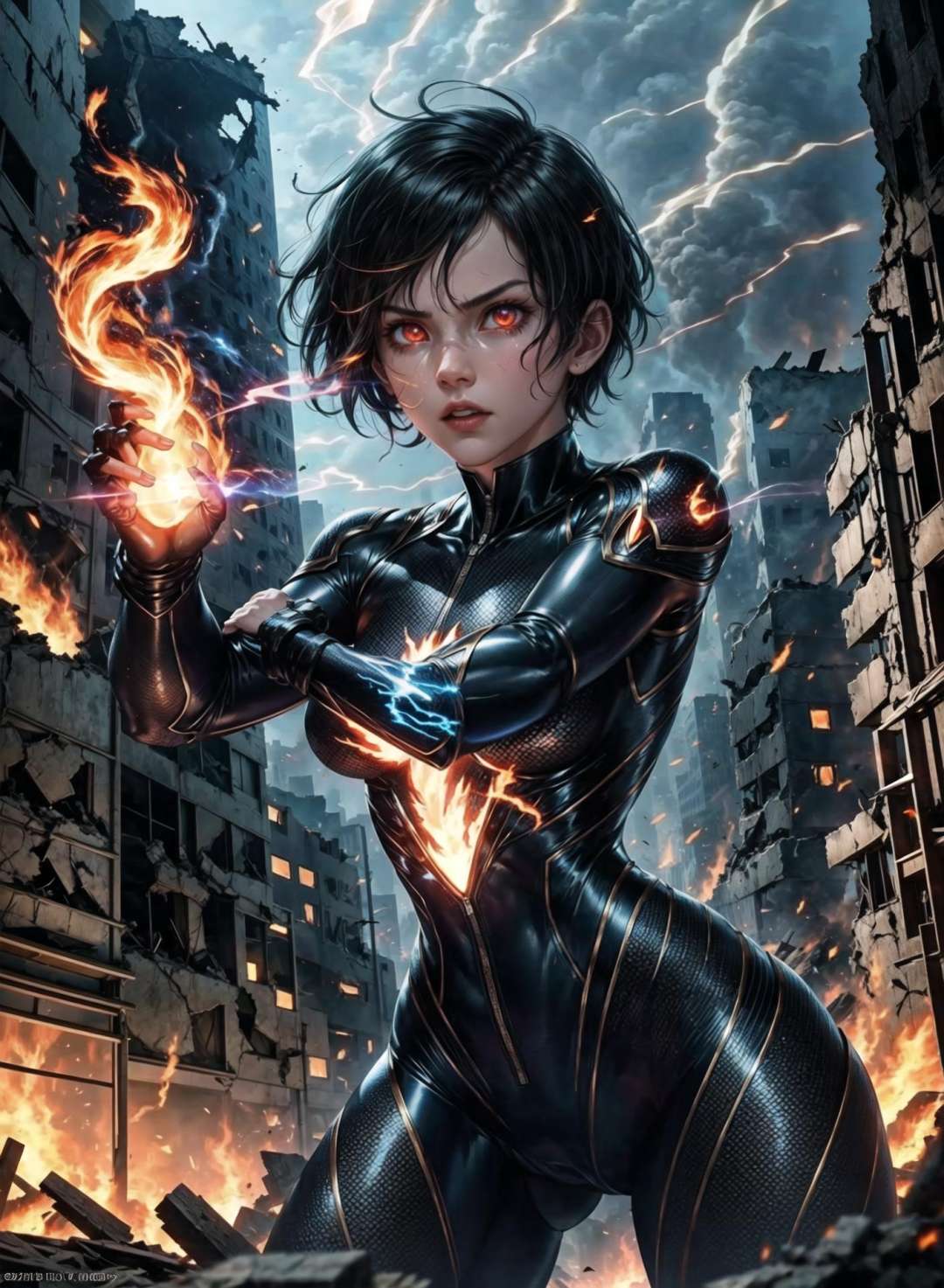 fighting , glowing eyes, short hair,torn tight supersuit, in a destroyed city, smoke and fire, glowing power aura, dynamic pose, dynamic view