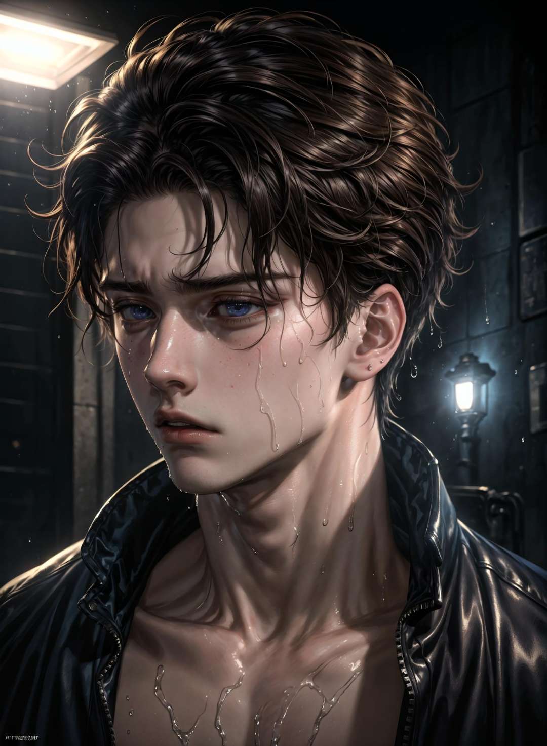 (masterpiece:1.2), (best quality:1.2), hyper realistic,highestres,absurdres,extremely detailed,volumetic,dramatic lighting,(frontal view),20 year old boy,wet hair ,face,detailed eyes