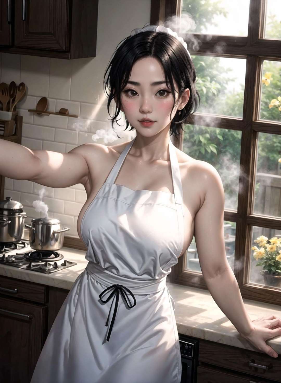 nijistyle, pov selfie, portrait of beautiful milf in white apron, bare shoulders, short black hair, kitchen, window, steam