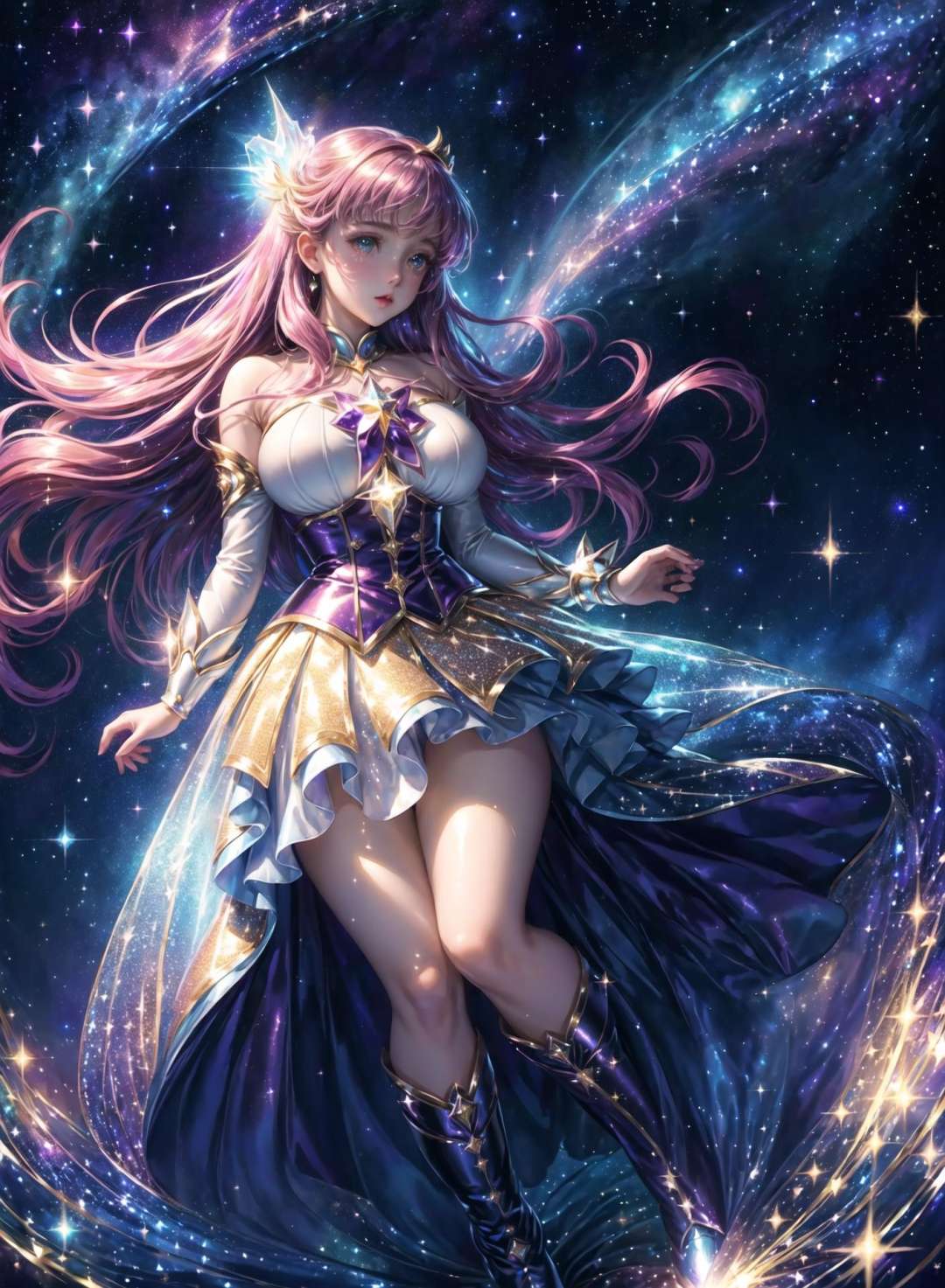 ((magical girl)), ((gorgeous starry sky background)), ((ultra-detailed)), ((cinematic lighting)), dynamic angle, (huge breast:1.2),floating, finely detailed, (glitter:1.2), (sparkle:1.2), (shine:1.2), classic, (painting:1.1), (sketch:1.1), (best quality), (masterpiece:1.2), (solo), beautiful detailed face, colorful hair, (long hair:1.2), (floating hair:1.2), (magical girl outfit), detailed outfit, (magical effects:1.3), (flowing skirt:1.2), (cute boots:1.1), (transparent fabric:1.1), (twinkle:1.2), (glow:1.2), (radiance:1.2), (flicker:1.2), (dazzle:1.2)