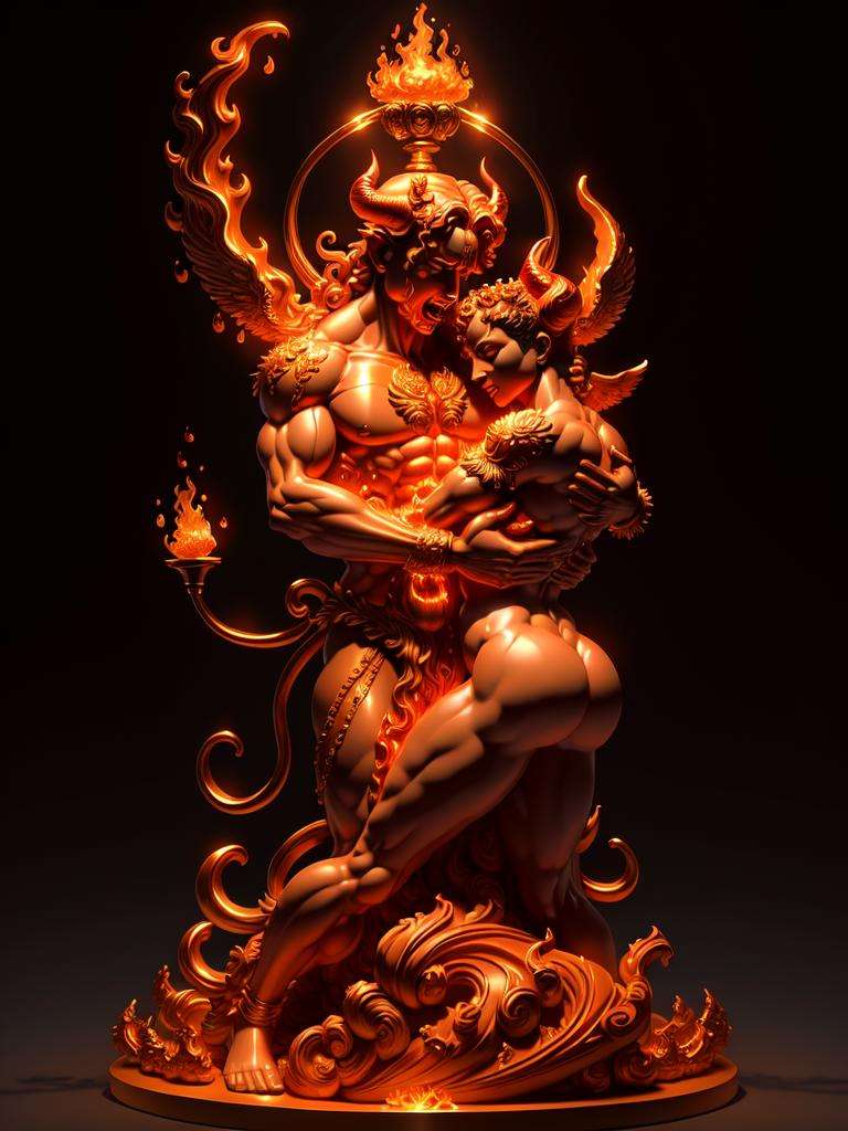 perfect God hugging Satan sculpture, in style of Michelangelo, sculpted from fire and water, intricate, delicate, highly detailed, beautiful, angry, classical style, Renaissance art, zbrush, cinematic lighting, high resolution, 32k resolution. perfection to the max. give it to me