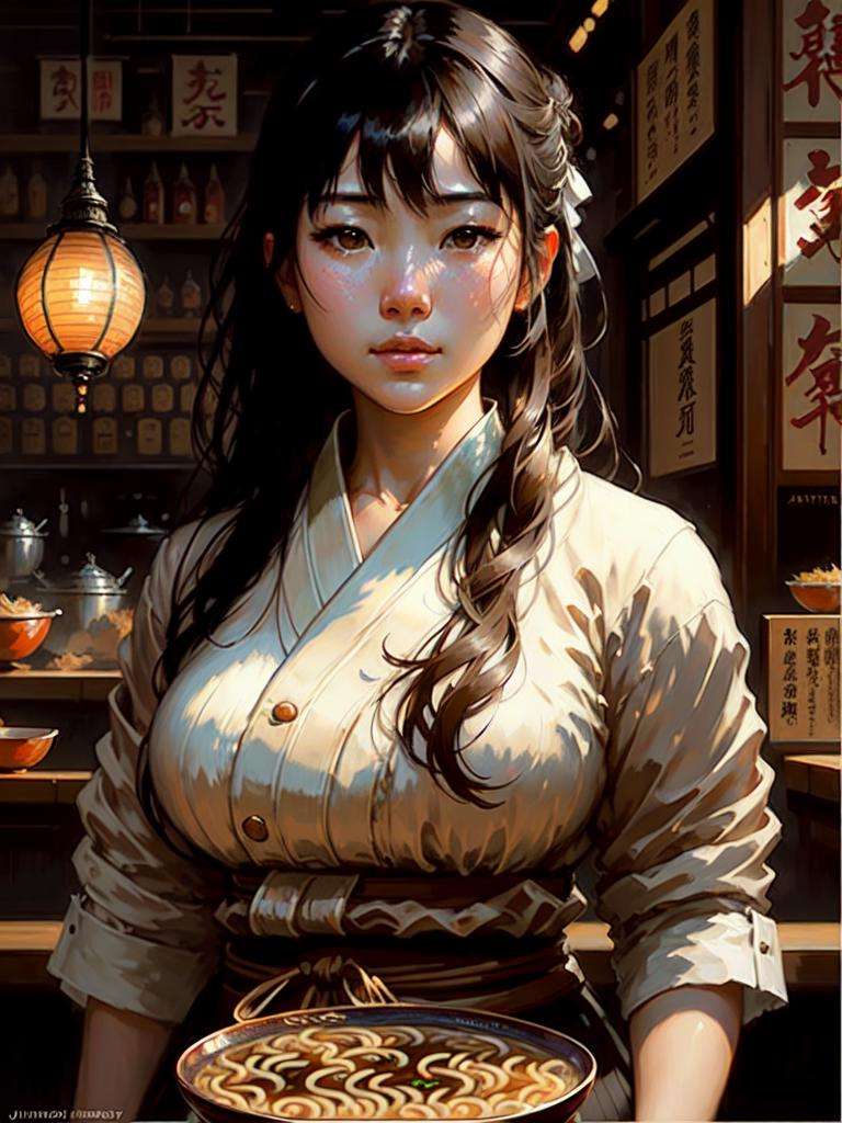 award winning portrait photo, face focus, stunning Japanese woman, beautiful ((ramen shop)), professional majestic impressionism oil painting by Waterhouse, John Constable, Ed Blinkey, Atey Ghailan, Studio Ghibli, by Jeremy Mann, Greg Manchess, Antonio Moro, trending on ArtStation, trending on CGSociety, Intricate, High Detail, dramatic, makoto shinkai kyoto, trending on artstation, trending on CGsociety, deep shadow, high contrast