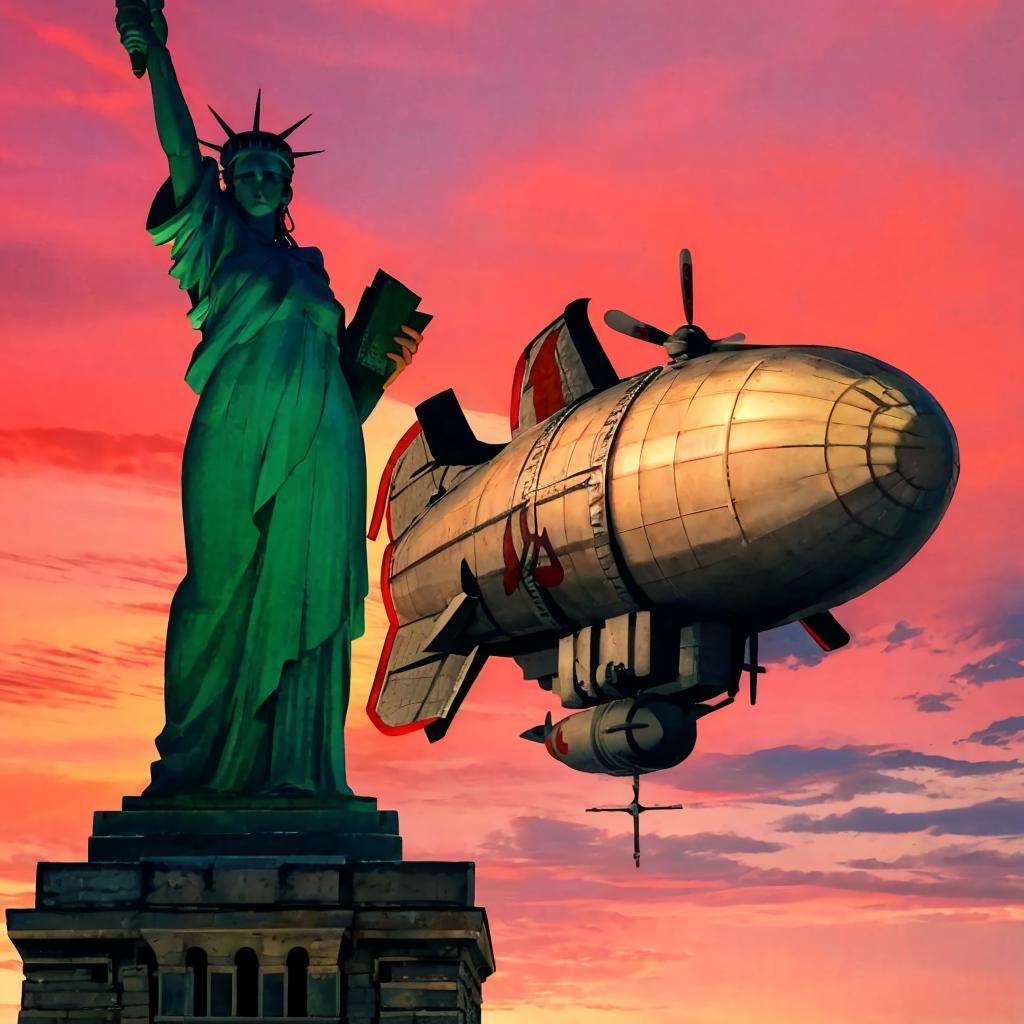 masterpiece, best quality, statue of liberty on liberty island, (red sky:1.3), 3girls, BREAKmasterpiece, best quality, <lora:kirov-ra2-richy-v1:1> kirov, (blimp:0.7), (red sky:1.3), soviet