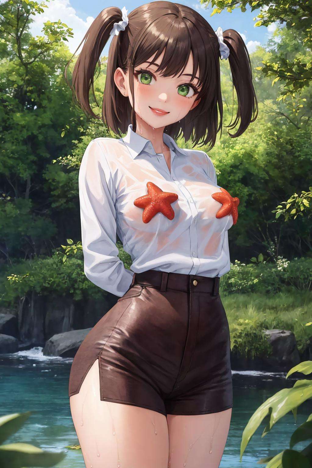 masterpiece, best quality, 1girl, solo, standing, <lora:starfishbreasts-concept-richy-v1-000019:1> starfishbreasts, pasties, medium breasts, (wet shirt:0.8), white shirt, smile, looking at viewer, arms behind back, green eyes, brown hair, two side up