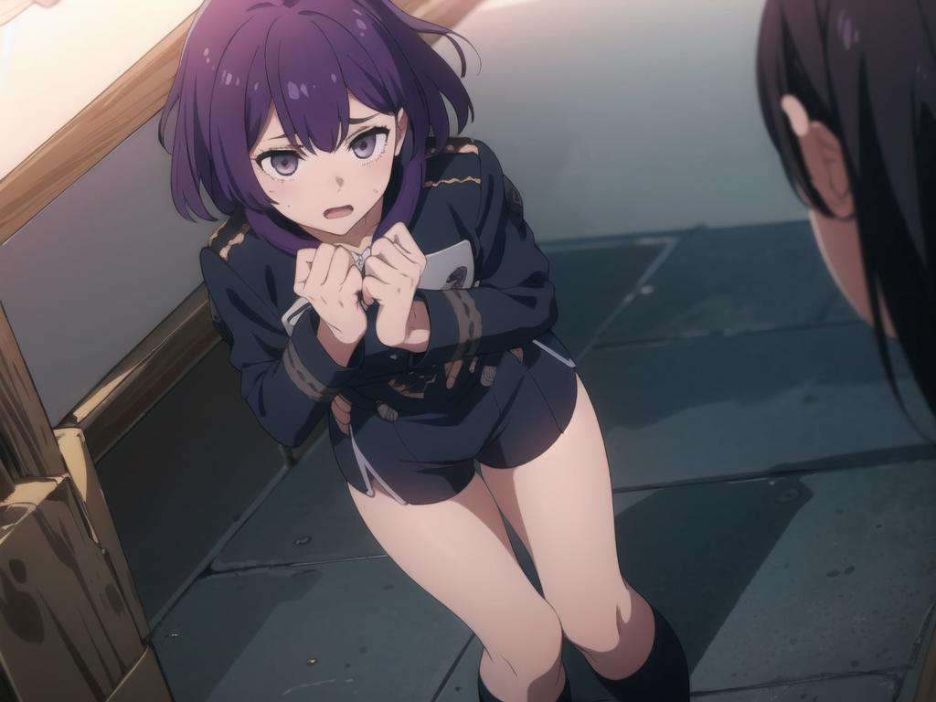 masterpiece, ultra high quality cg, 8K, best quality, 1girl, bernadetta_(student), messy hair, garreg mach monastery uniform, skirt, shorts, dark grey eyes, purple hair, scared, hiding