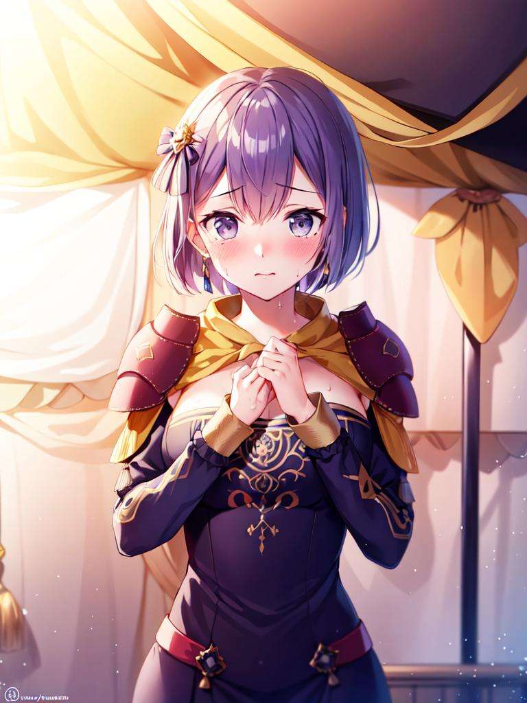 masterpiece, anime, ultra high quality cg, best quality, 1girl, bernadetta_(timeskip), bob haircut, purple dress, shoulder armor, blushing, flustered, wiping away sweat, inside a tent