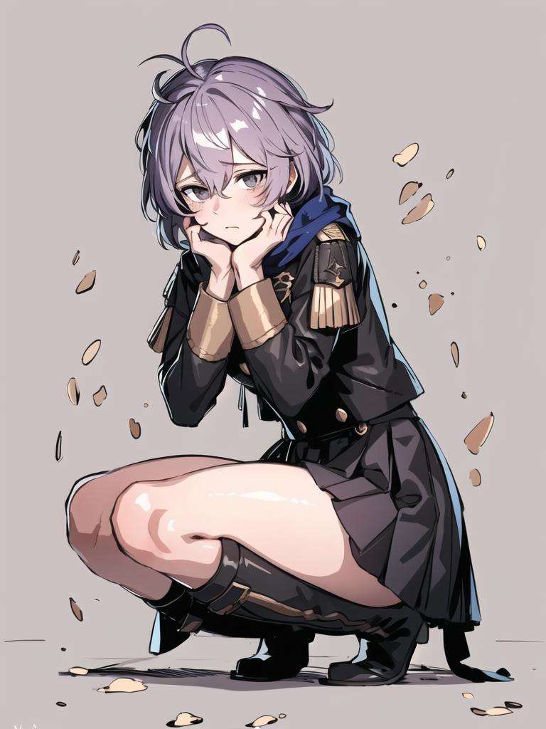 masterpiece, ultra high quality cg, best quality, 1girl, bernadetta_(student), messy hair, garreg mach monastery uniform, skirt, shorts, knee boots, simple background, worried expression, dark grey eyes