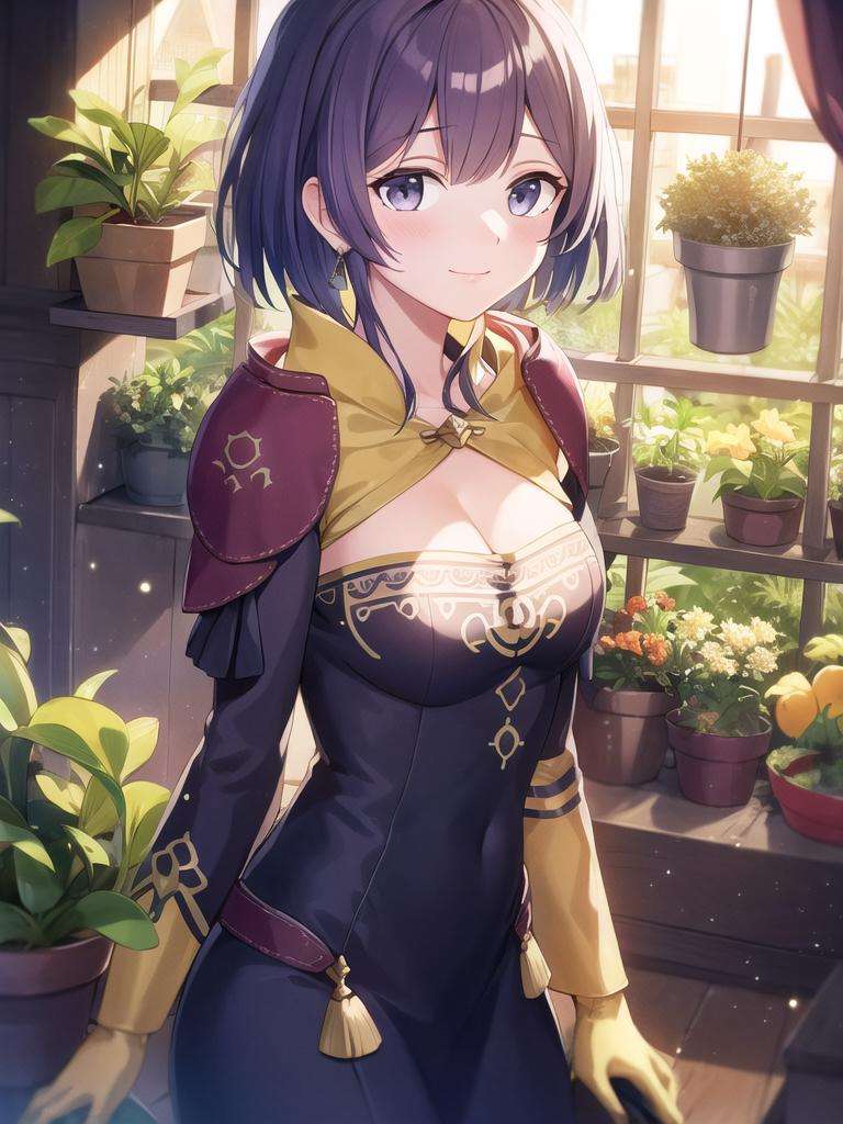 masterpiece, ultra high quality cg, 4K, best quality, 1girl, bernadetta_(timeskip), bob haircut, purple dress, long sleeves, yellow gloves, greenhouse, venus flytrap, smile