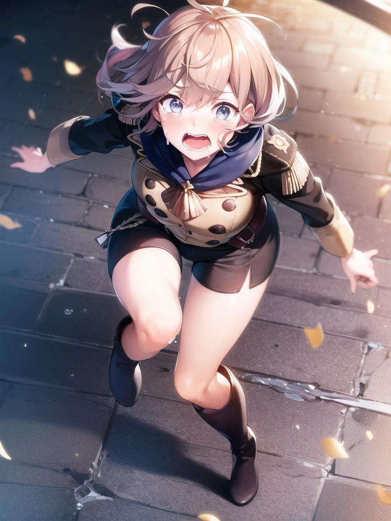 masterpiece, ultra high quality cg, 8K, best quality, 1girl, bernadetta_(student), messy hair, knee boots, garreg mach monastery uniform, skirt, shorts, running away, tears, surprised