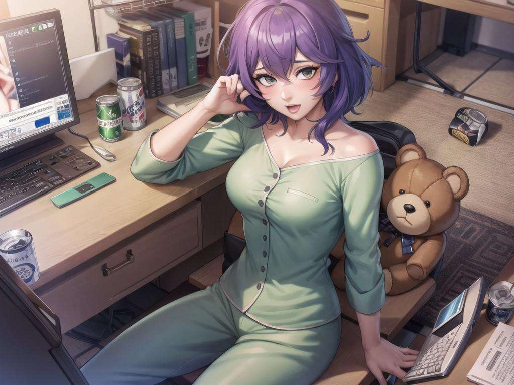 masterpiece, ultra high quality cg, best quality, 1girl, bernadetta_(student), messy hair, casual clothes, green pajamas, sitting at computer desk, computer monitor, keyboard, messy bedroom, can of soda sitting on a desk, teddy bear