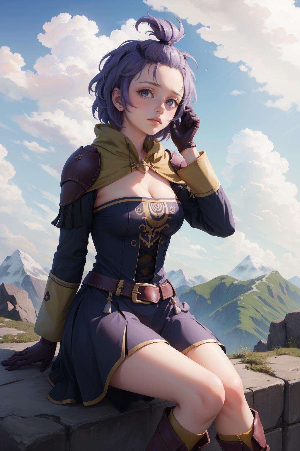 masterpiece, best quality, hopesBernie, topknot, purple dress, cleavage, gloves, purple boots, sitting, looking at viewer, worried, sky, clouds, mountain, hills <lora:bernadetta-nvwls-v2-000012:0.8>