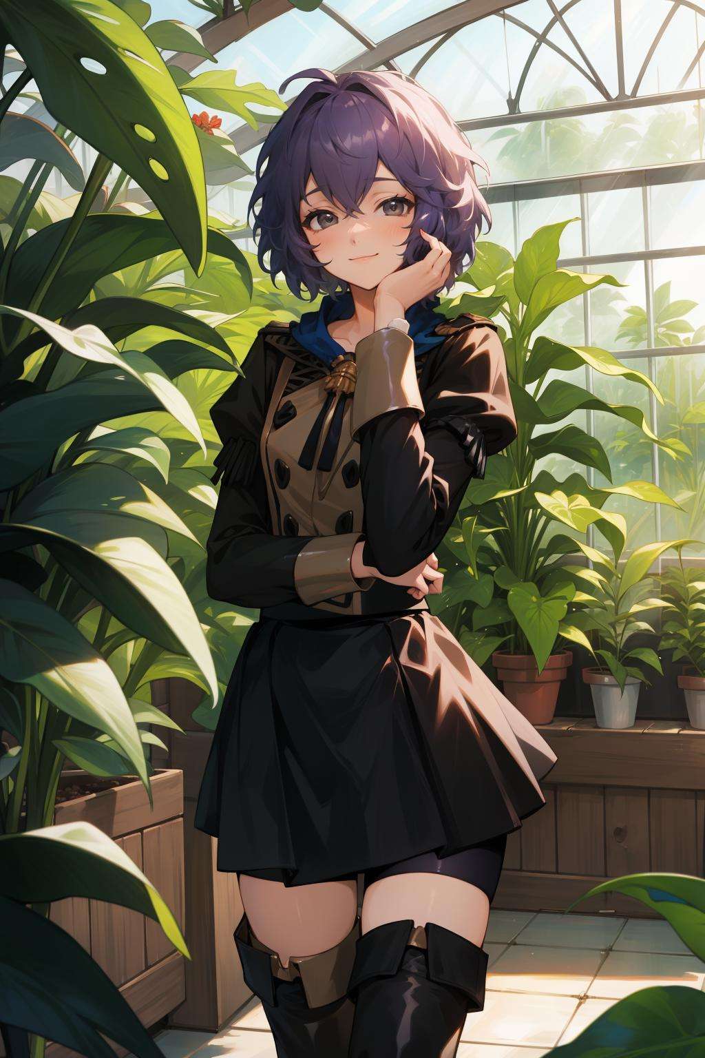 masterpiece, best quality, defBernie, black jacket, black skirt, spandex shorts, thigh boots, standing, cowboy shot, greenhouse, plants, smile, tired, pitcher plant <lora:bernadetta-nvwls-v2-000012:0.8>