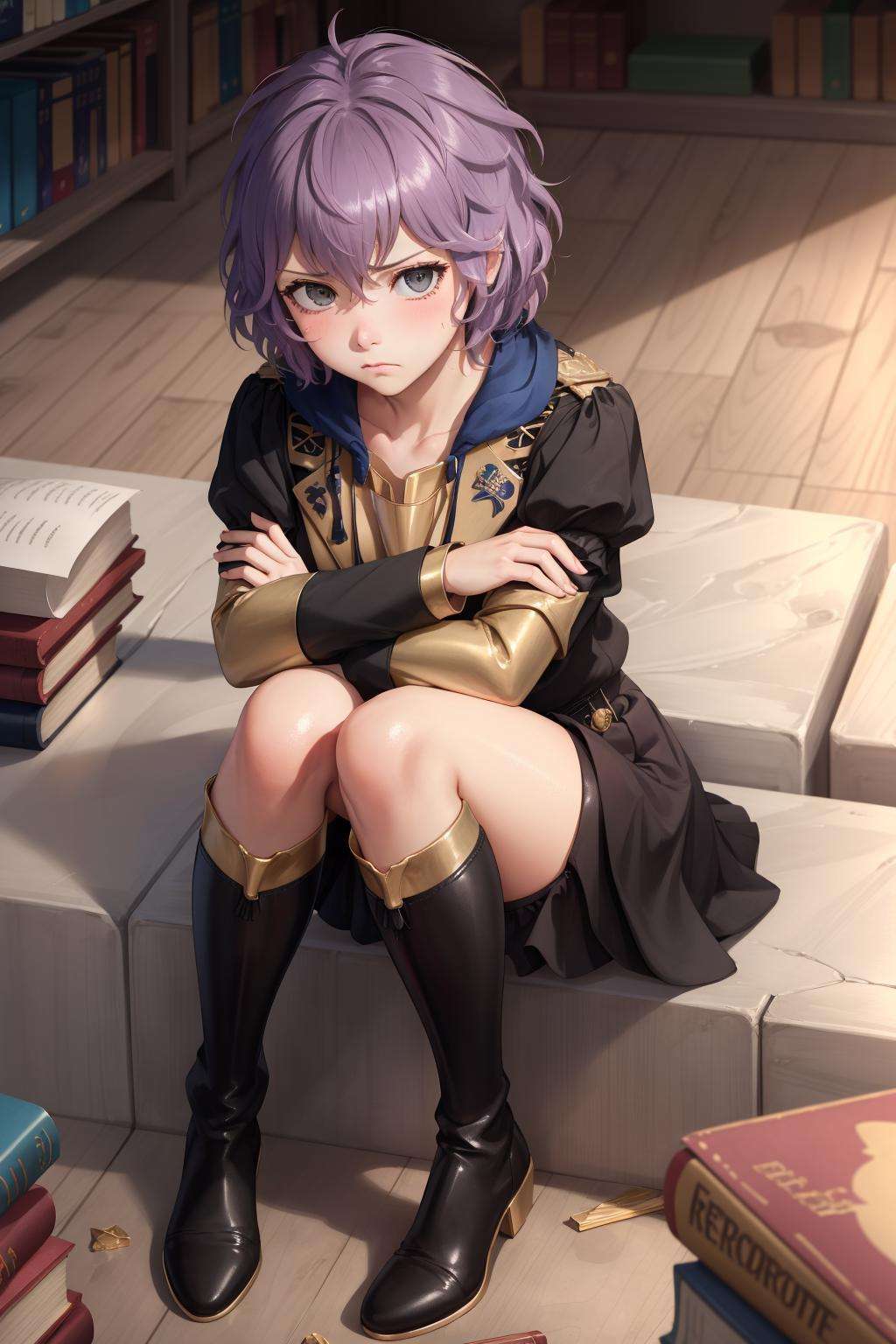 masterpiece, best quality, defBernie, black jacket, black skirt, spandex shorts, thigh boots, cowering, crouching, looking at viewer, furrowed brow, crossed arms, sad, library, from above <lora:bernadetta-nvwls-v2-000012:0.8>