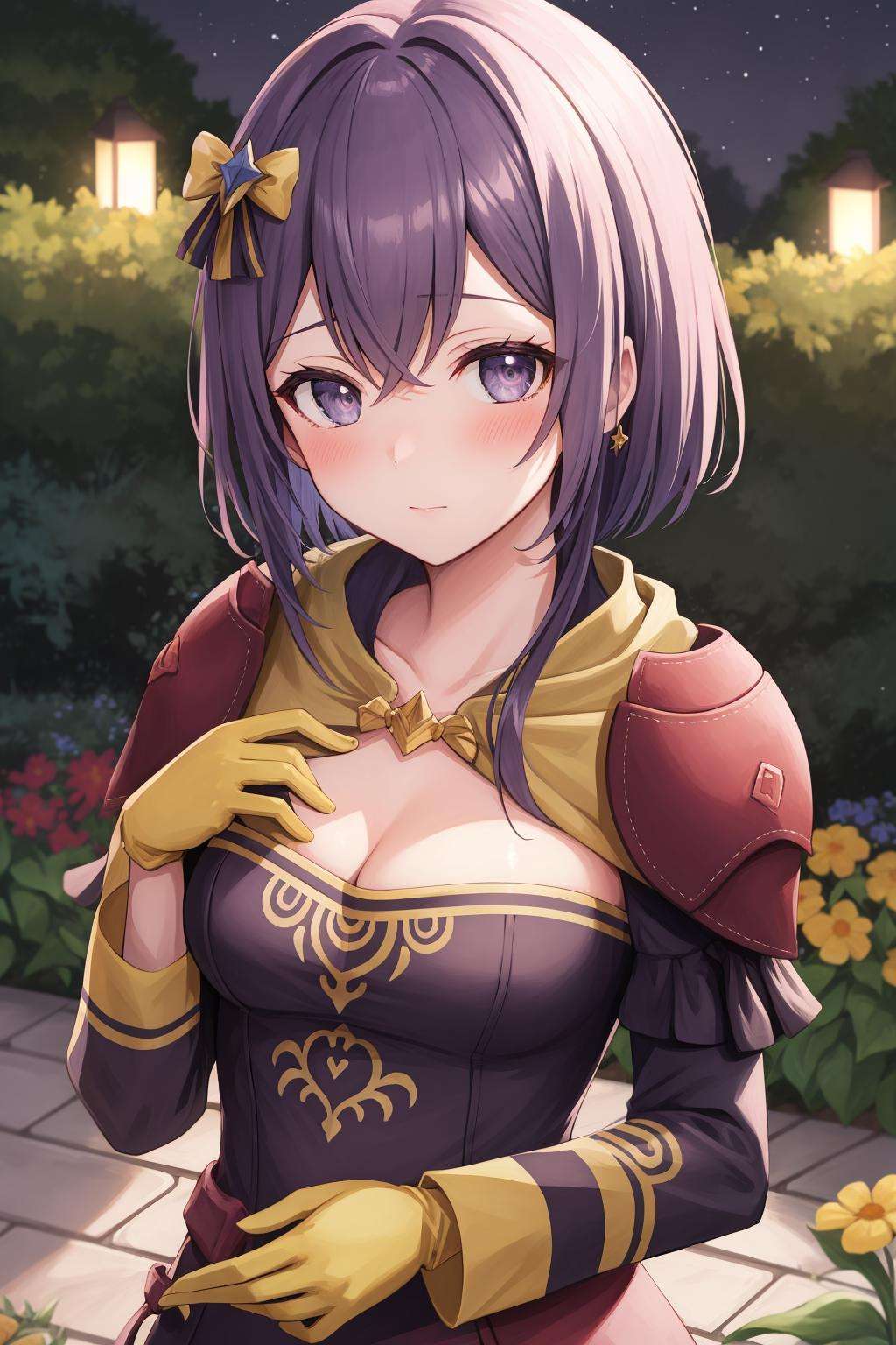 masterpiece, best quality, warBernie, purple dress, cleavage, hair bow, yellow gloves, upper body, blushing, hand to chest, looking at viewer, garden, night <lora:bernadetta-nvwls-v2-000012:0.8>