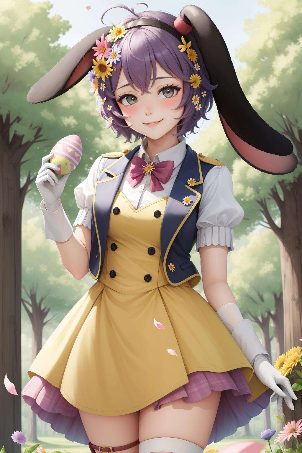 masterpiece, best quality, sprBernie, fake bunny ears, hair flower, bowtie, yellow dress, short sleeves, white gloves, standing, easter egg, trees, spring, spring flowers, pink flowers, petals in the wind, looking at viewer, smile, blushing <lora:bernadetta-nvwls-v2-000012:0.8>