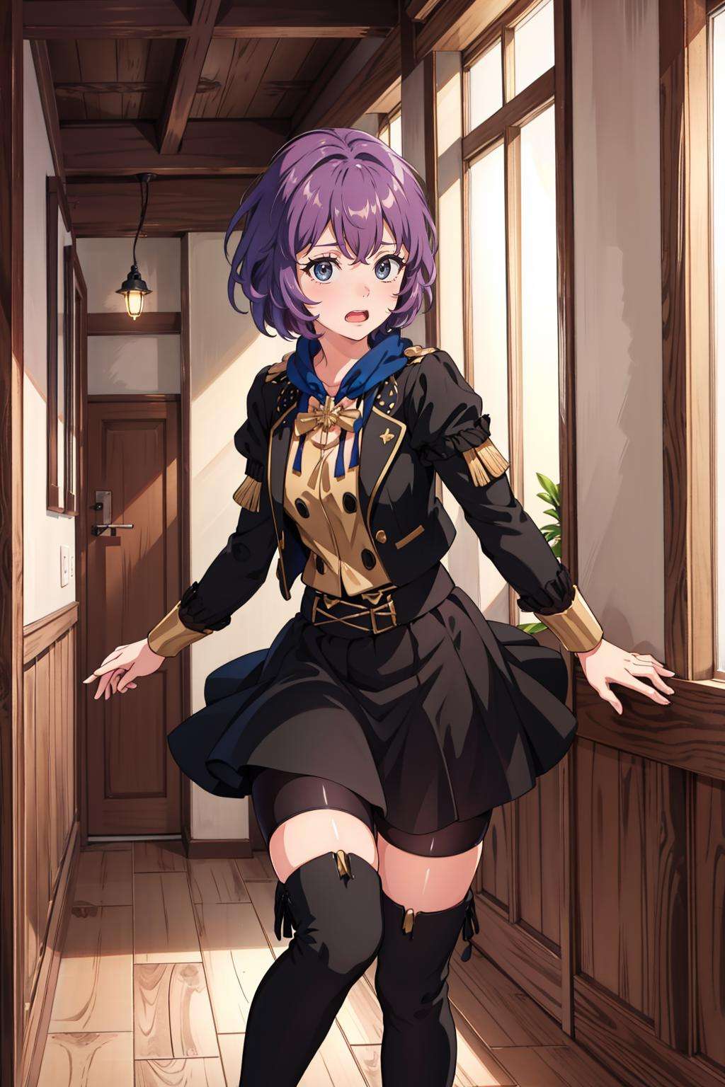 masterpiece, best quality, defBernie, black jacket, black skirt, spandex shorts, thigh boots, standing, looking at viewer, surprised, wide-eyed, shocked, open mouth, hallway, old wooden building<lora:bernadetta-nvwls-v2-000012:0.8>