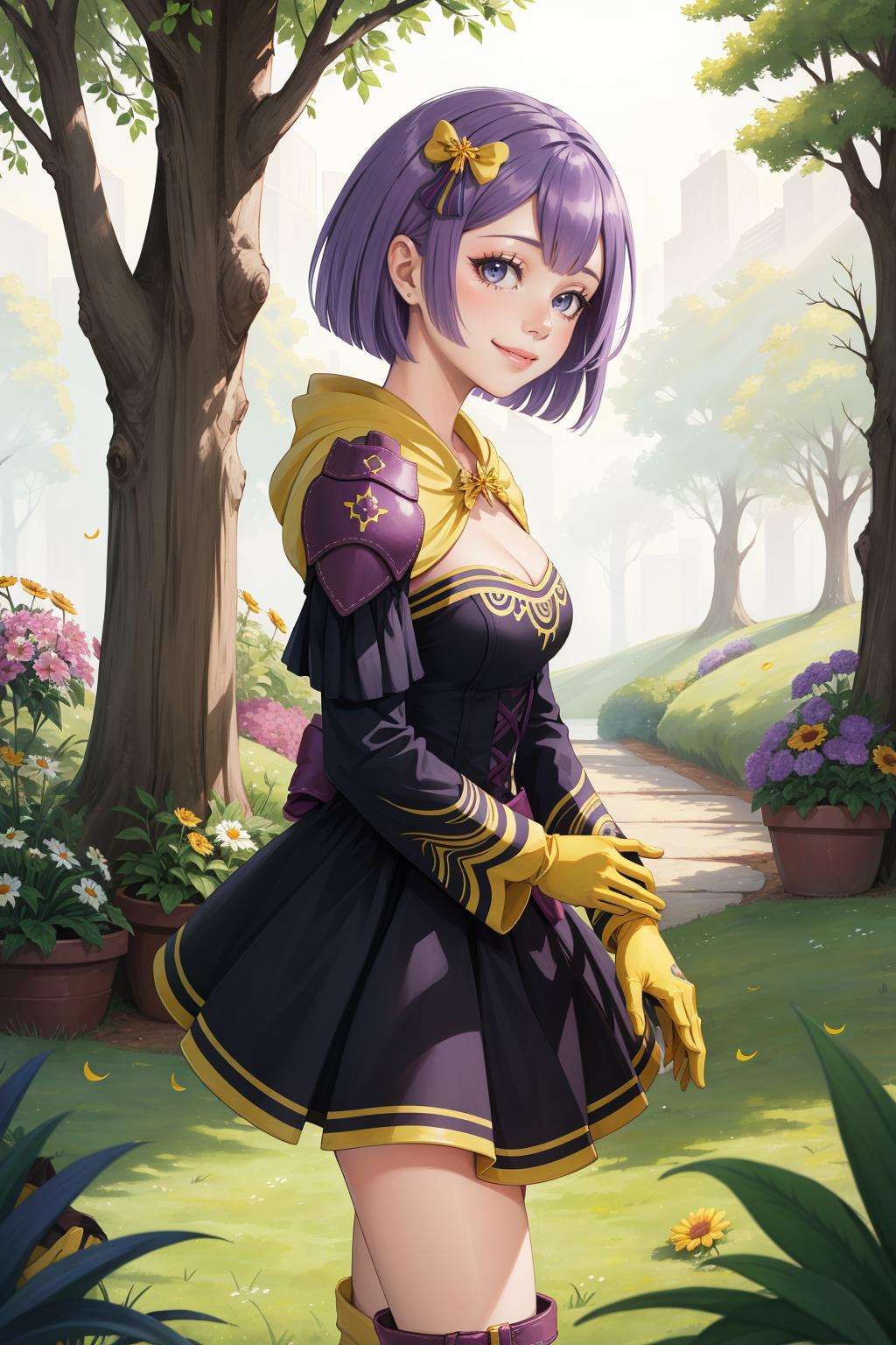 masterpiece, best quality, warBernie, purple dress, cleavage, hair bow, yellow gloves, purple boots, looking at viewer, smile, from side, flowers, trees  <lora:bernadetta-nvwls-v2-000012:0.9>