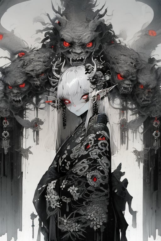 guaidan,1 girl,8k,demon horns, blodding,sharp fingernails,tassel,extra eyes,kimono