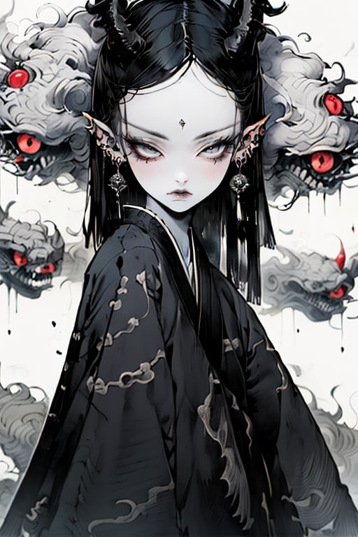 guaidan,1 girl,8k,demon horns, blodding,sharp fingernails,tassel,extra eyes,kimono