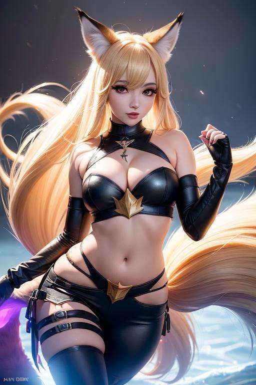 masterpiece, (photorealistic:1.4), best quality, beautiful lighting, 1girl, upper body, dungeons, fires, magic, fight, highres, silver plate armor, metal pants, knight, ahri \(league of legends\), league of legends, medium breasts, k/da \(league of legends\), animal ears, solo, fox ears, long hair, blonde hair, brown eyes, fox girl, fox tail, k/da ahri, ((multiple tails)), ahri League Of Legends, korean Doll Likeness, RAW photo, 8k uhd, film grain, professional lighting, photon mapping, radiosity, physically-based rendering