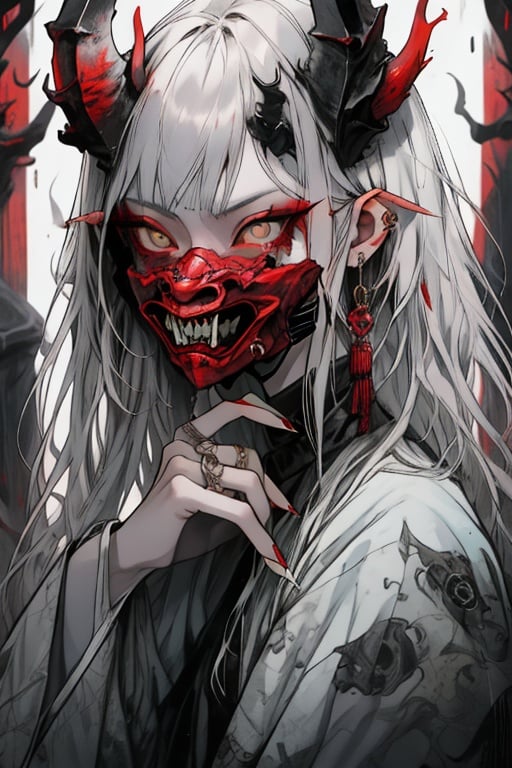 guaidan,1 girl,8k,demon horns, blodding,sharp fingernails,white hair, white eyes,mask