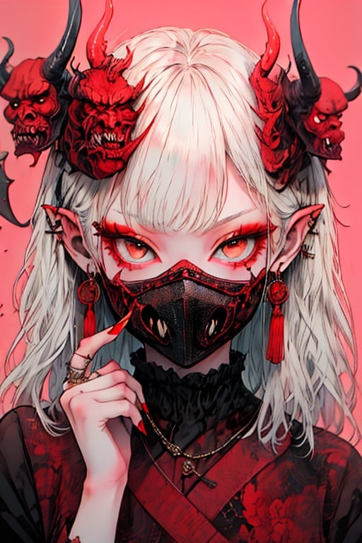 guaidan,1 girl,8k,demon horns, blodding,sharp fingernails,white hair, white eyes,mask