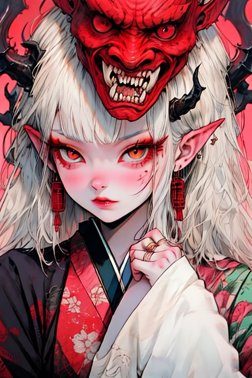 guaidan,1 girl,8k,demon horns, blodding,sharp fingernails,white hair, white eyes,japanese_clothes,monster