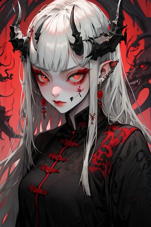 guaidan,1 girl,8k,demon horns, blodding,sharp fingernails,white hair, white eyes,