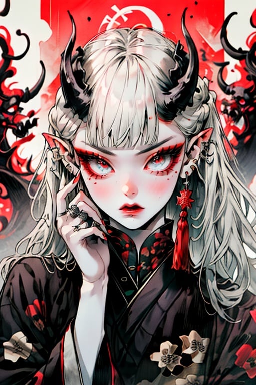 guaidan,1 girl,8k,demon horns, blodding,sharp fingernails,tassel,extra eyes,kimono