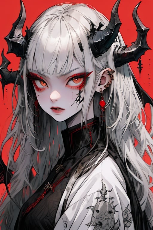 guaidan,1 girl,8k,demon horns, blodding,sharp fingernails,white hair, white eyes,