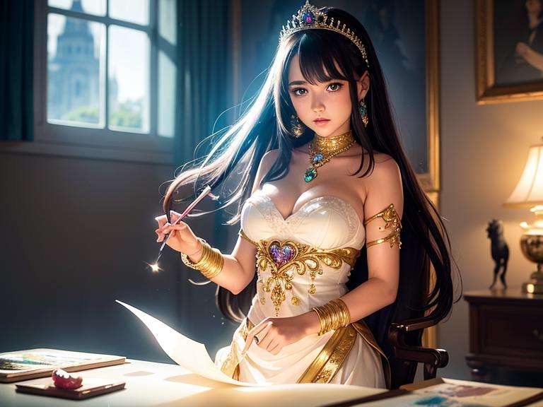 Manga, masterpiece, best quality, 1girl, half body, sad princess, fantasy, ((painting by wlop)) from artstation, glitter jewelry, glare, Iridescent, Global illumination, real hair movement, realistic light, realistic shadow, sideways glance, ((foreshortening)), soft light, dream light, perfect eyes, background 4k, romantic, high detail, crowns, gold and gems