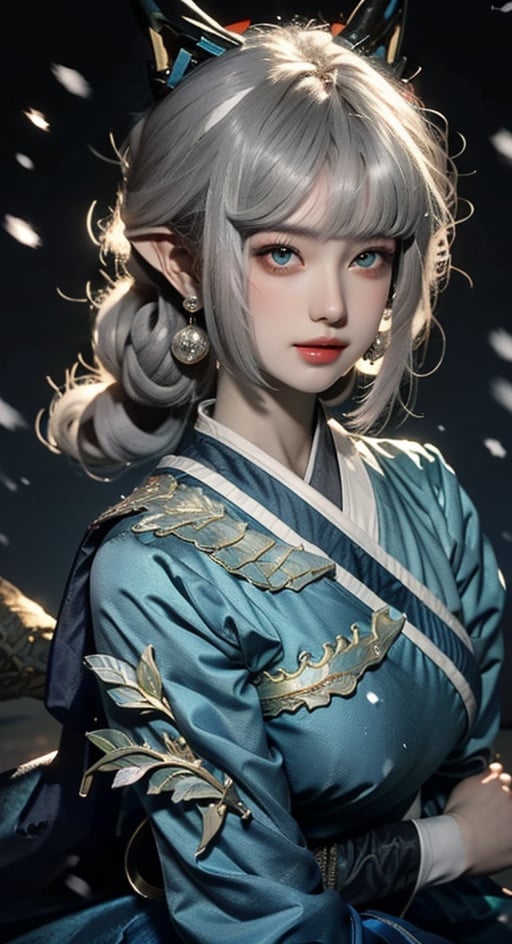 yaobbx, ((big breasts)), very big chest, ((snow)), 雪天,风景,silver hair, upper body, light, rays, grey green eyes, eye slashes, upper body, a woman with pink hair and a dragon earring is shown in this picture, Fan Qi, stanley artgerm lau, a detailed painting, fantasy art ,WZRYhaiyueFMLY,1 girl,Real,Night scene,Chinese ink painting